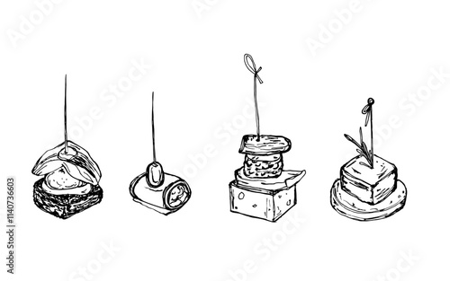 Canape set isolated Vector sketch, small sandwich strung on skewer. Snack for alcohol, appetizer. Black and white sketch on white background.