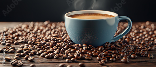 steaming cup of coffee surrounded by roasted coffee beans on wooden table evokes warmth and comfort