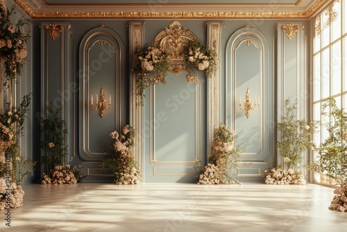 Elegant Room with Gold Accents and Floral Decor. 3D Renderer Digital Backdrop.