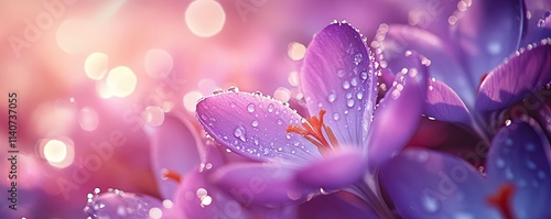 Lovely background with crocuses in dew drops. Close-up. Lilac colour scheme. Background, wallpaper, banner, poster