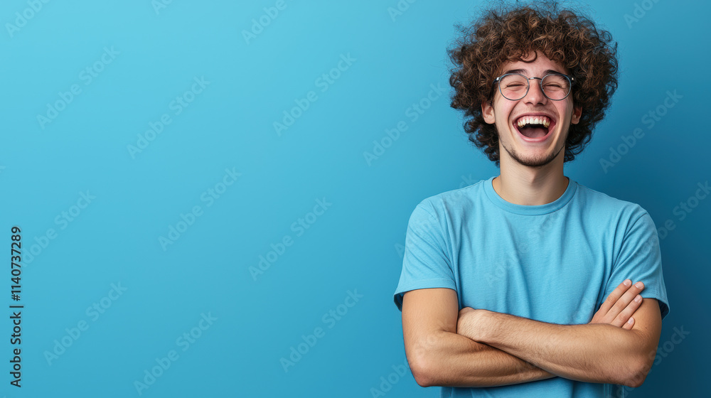 Laughing young man with curly hair in blue t shirt against blue background Laughing young man with curly hair in blue t shirt against blue background