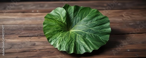 Alocasia gageana Aura Variegated leaf on a wooden table , indoor decor, flowers, variegated leaves photo