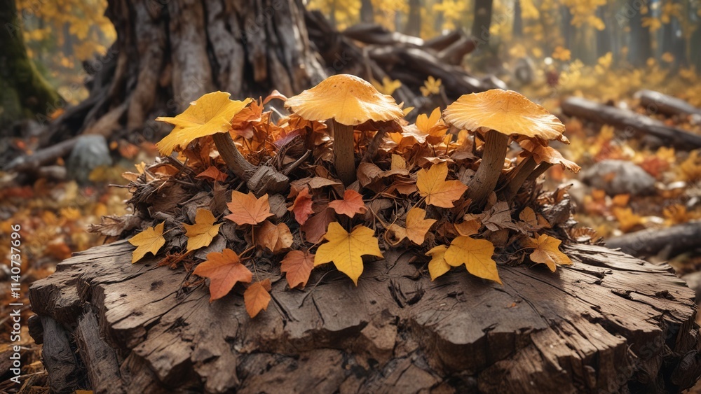 Amber colored autumn leaves scattered around a decaying mushroom on a wooden stump, trees, foliage, mushroom Amber colored autumn leaves scattered around a decaying mushroom on a wooden stump, trees, foliage, mushroom