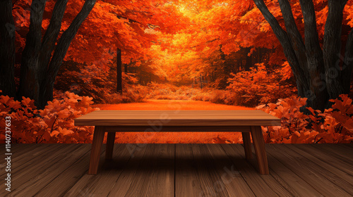 wooden table in vibrant autumn forest with orange foliage
