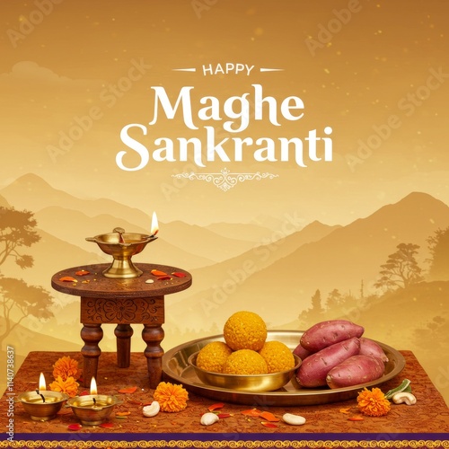 Maghe Sankranti, Makar Festival Celebration, Food Plate, Sesame Ladoo, Yam, Sweet Potato, Jaggery, Peanuts Ladoo Ghee in India and Nepal
 photo