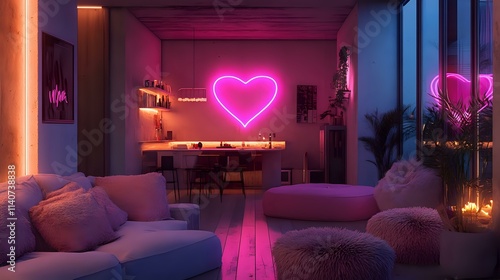 Valentine celebration in a romantic house with pink neon signs, fluffy cushions and a chocolate fondue station