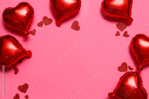 Frame made of air balloons in shape of heart on pink background. Valentine's day celebration