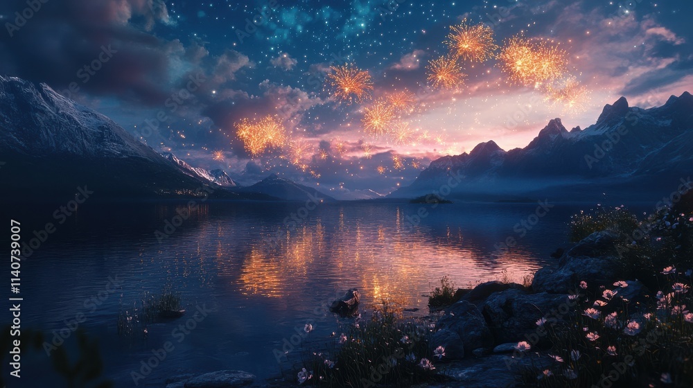 Beautiful fireworks are displaying over a lake at night Beautiful fireworks are displaying over a lake at night