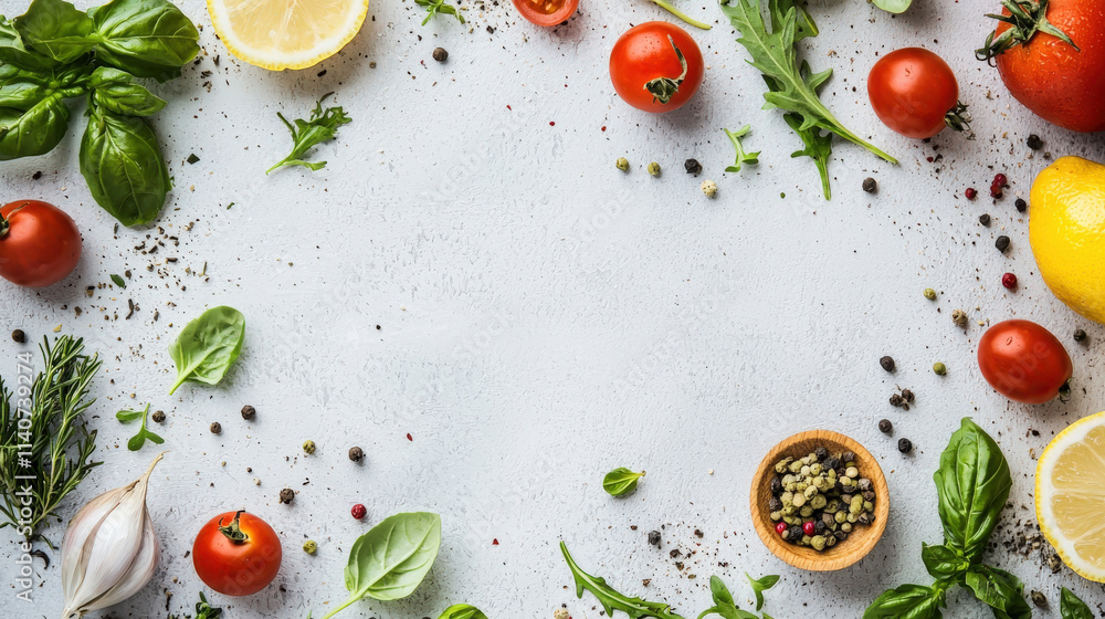 Fresh Ingredients for Cooking with Herbs, Tomatoes, Lemon, and Spices on Light Background for Culinary and Healthy Eating Themes Fresh Ingredients for Cooking with Herbs, Tomatoes, Lemon, and Spices on Light Background for Culinary and Healthy Eating Themes