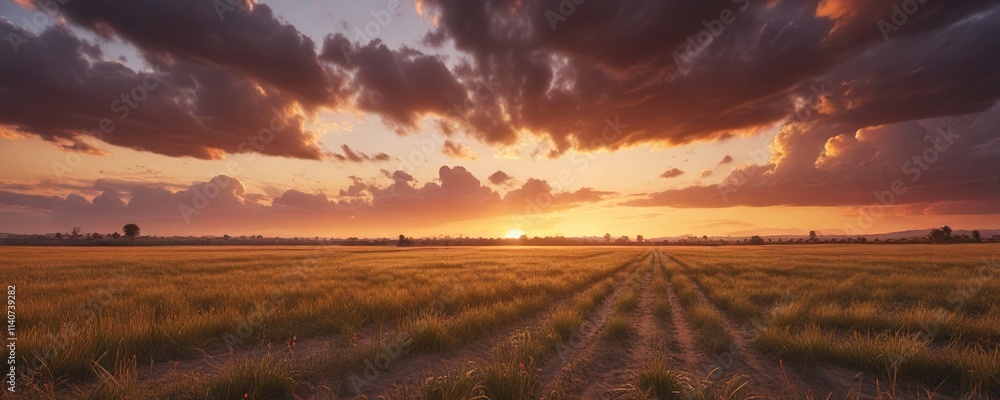 Obraz premium stunning sunset over open fields with scattered clouds, stunning, cloudy, serene