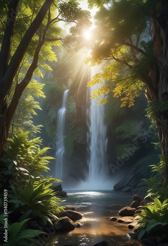 Sunlight filtering through the leaves of tilo trees near a waterfall, foliage, tilos, leaf photo