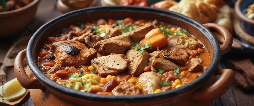 Clay pot filled with hearty Kabsa stew made with aromatic spices and grilled chicken, tomatoes, coriander Clay pot filled with hearty Kabsa stew made with aromatic spices and grilled chicken, tomatoes, coriander