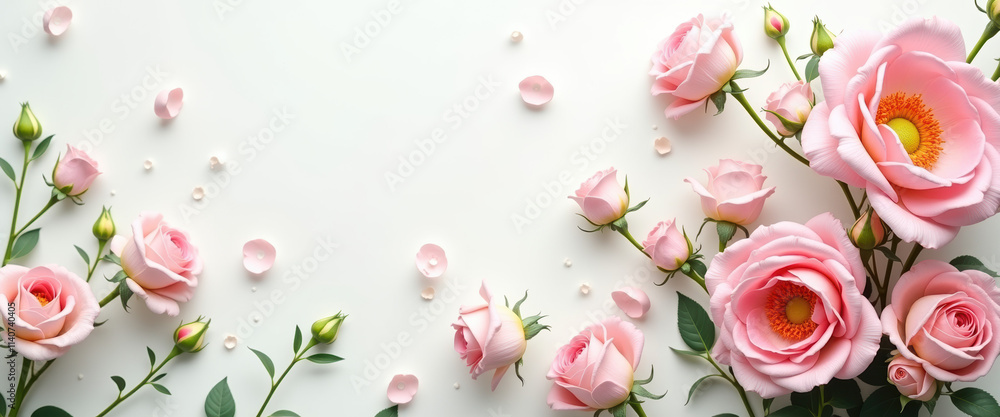 Elegant arrangement of pink roses and petals on a soft white background, perfect for heartfelt messages and banners. Elegant arrangement of pink roses and petals on a soft white background, perfect for heartfelt messages and banners.