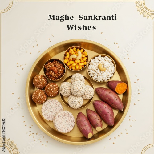 Maghe Sankranti, Makar Festival Celebration, Food Plate, Sesame Ladoo, Yam, Sweet Potato, Jaggery, Peanuts Ladoo Ghee in India and Nepal
 photo