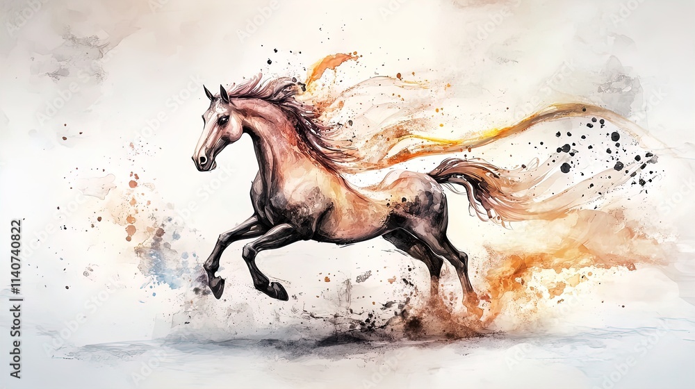 Fototapeta premium Dynamic Molten Gold Galloping Horse: A Stunning Poster for Sports Interiors Featuring Fluid Movement and Minimalistic White Backdrop