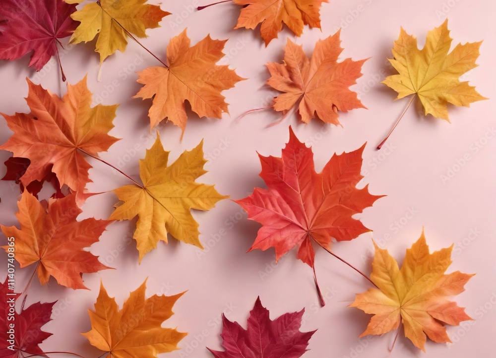 Collection of colorful maple leaves on a pale pink background, maple leaves, pastel hues, autumnal colors Collection of colorful maple leaves on a pale pink background, maple leaves, pastel hues, autumnal colors