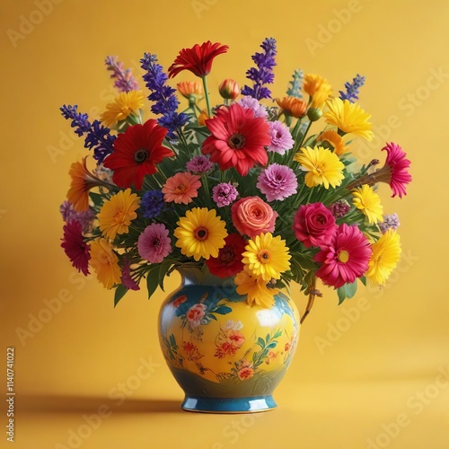 Wallpaper Mural Colorful and vibrant flowers in a beautiful vase on a bright yellow background , spring decor, Torontodigital.ca