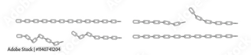 Free metal chain with whole or break steel chrome links. Collection of seamless metal chains colored silver. Vector