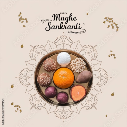 Maghe Sankranti, Makar Festival Celebration, Food Plate, Sesame Ladoo, Yam, Sweet Potato, Jaggery, Peanuts Ladoo Ghee in India and Nepal
 photo