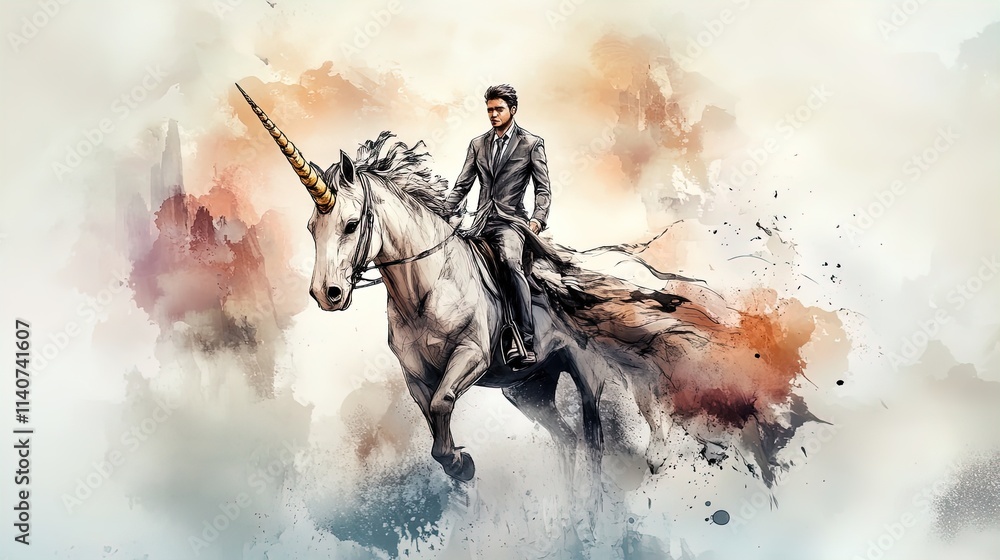 Fototapeta premium Dynamic Businessman on a White Unicorn: A Unique Fantasy Meets Professionalism Poster for Modern Sports Interiors