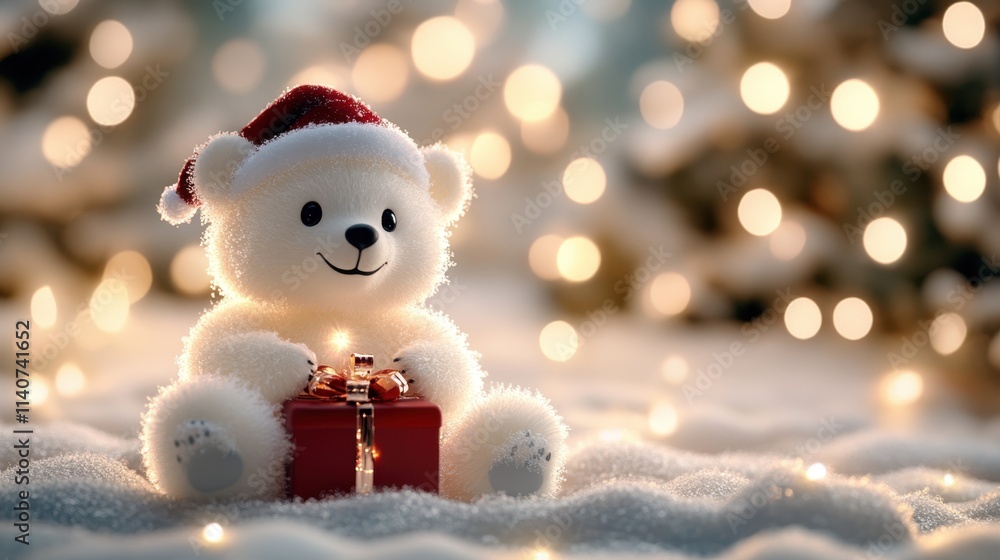 Festive winter scene featuring a plush white teddy bear wearing a Santa hat, sitting on snowy ground with a red gift box. The background is softly blurred with glowing Christmas lights Festive winter scene featuring a plush white teddy bear wearing a Santa hat, sitting on snowy ground with a red gift box. The background is softly blurred with glowing Christmas lights