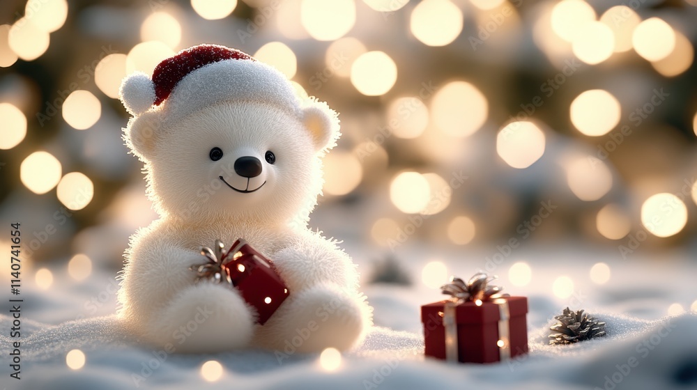 Christmas Bear: A cuddly white teddy bear in a Santa hat sits on a snowy background with a wrapped gift, surrounded by warm Christmas lights. This image captures the joy and magic of Christmas. Christmas Bear: A cuddly white teddy bear in a Santa hat sits on a snowy background with a wrapped gift, surrounded by warm Christmas lights. This image captures the joy and magic of Christmas.