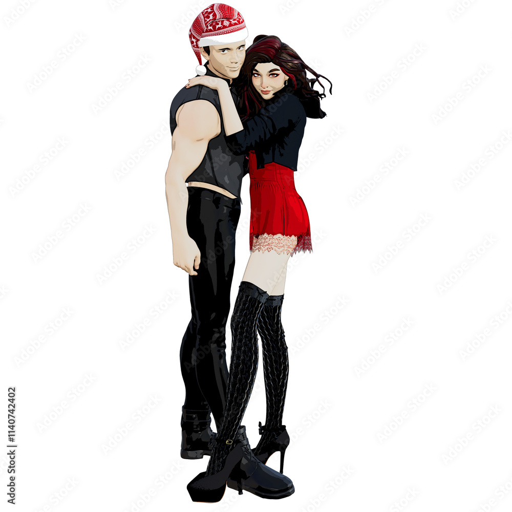 3D rendered cartoon couple in Christmas outfits isolated on transparent background 3D rendered cartoon couple in Christmas outfits isolated on transparent background