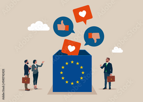 Business people opened the box European Union to see Social media positive and negative feedback vision. Social media communication. Democracy Freedom Concept. Flat vector illustration.