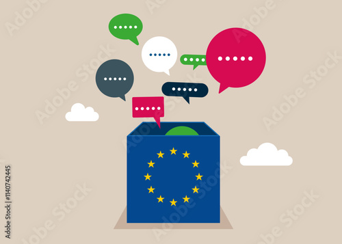 Discussion, conversation, meeting, team communication. Open box European Union to see speech bubbles. Modern vector illustration in flat style
