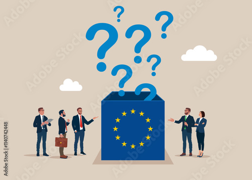 Business people in searching opened the box European Union. Thinking of who what where when why and how. 5w1h asking questions for solution to solve problem, business analysis. Vector  illustration