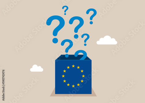 Open the box European Union. Thinking of who what where when why and how. 5w1h asking questions for solution to so. Democracy Freedom Concept. 