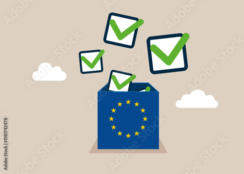 New completed checkbox on box European Union. Agreement to deliver, leadership skill or trust on work responsibility. Modern flat vector illustration.