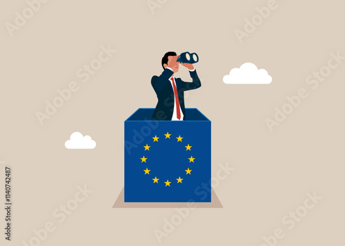 Businessman open box European Union  using binoculars to see business vision. Creativity to help see business opportunity, vision to discover new solution or idea, curiosity, searching for success. 