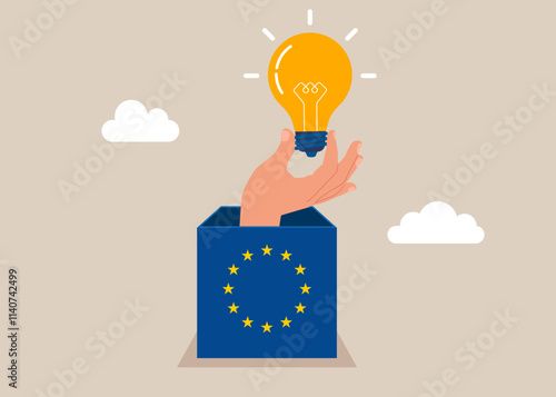 Open European idea using box European Union. Creativity to help see business opportunity, vision to discover new solution or idea, curiosity. Flat vector illustration