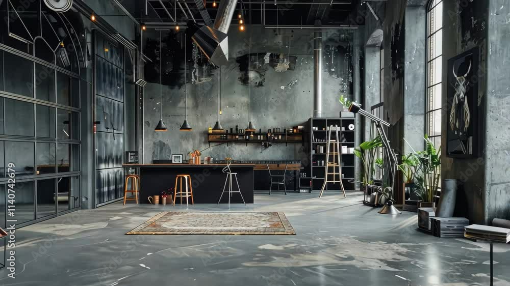 A spacious loft showcases an industrial aesthetic with its exposed beams, high ceilings, and large windows, complemented by stylish furniture and plants throughout the area. A spacious loft showcases an industrial aesthetic with its exposed beams, high ceilings, and large windows, complemented by stylish furniture and plants throughout the area.