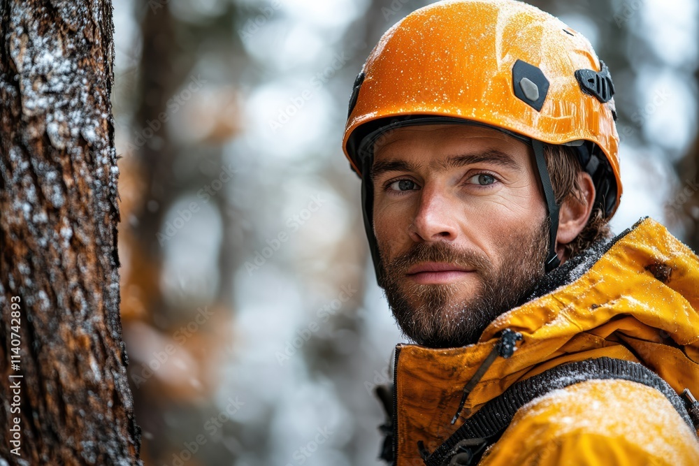 Arborist on a white background, wearing a helmet and safety equipment, highlighting professionalism. Arborist on a white background, wearing a helmet and safety equipment, highlighting professionalism.