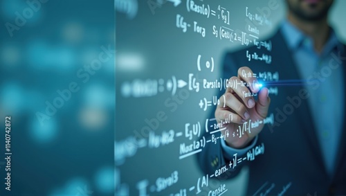 A person in a suit writes mathematical equations on a transparent digital board with a glowing fingertip, in a modern and high-tech educational or corporate setting. Generative, AI,