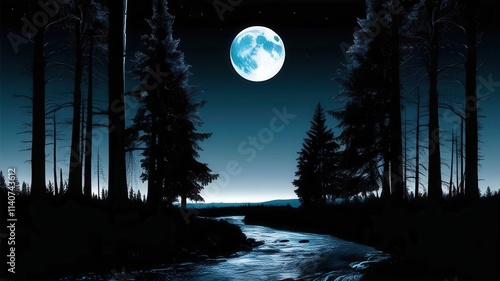 Large blue moon is in the sky above a river photo