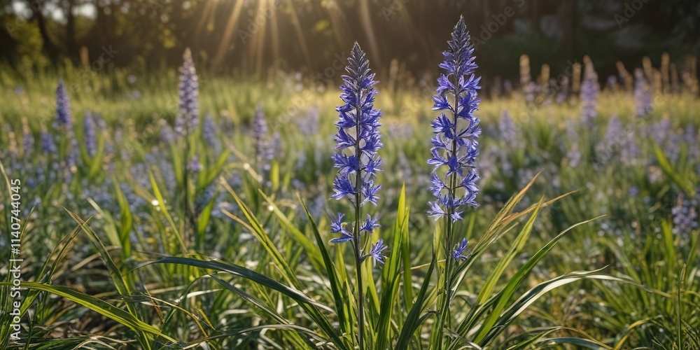 Blue camassia leichtlinii flower spikes in the sun, camassia flowers, alpine flowers Blue camassia leichtlinii flower spikes in the sun, camassia flowers, alpine flowers