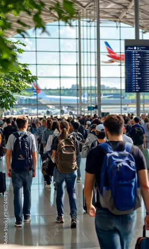A busy airport terminal with travelers walking towards boarding gates and large windows.