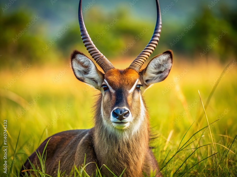 Fototapeta premium Tanzania Waterbuck Macro Photography: Close-up Wildlife Image, Grassland Safari Animal, African Waterbuck, Serengeti Plains