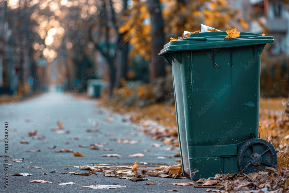 Clean Trash Bin. Garbage Dumpster in Residential Area with Plastic Green Wheeled Bin Clean Trash Bin. Garbage Dumpster in Residential Area with Plastic Green Wheeled Bin