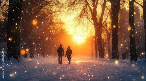 Couple walking snowy path sunset.