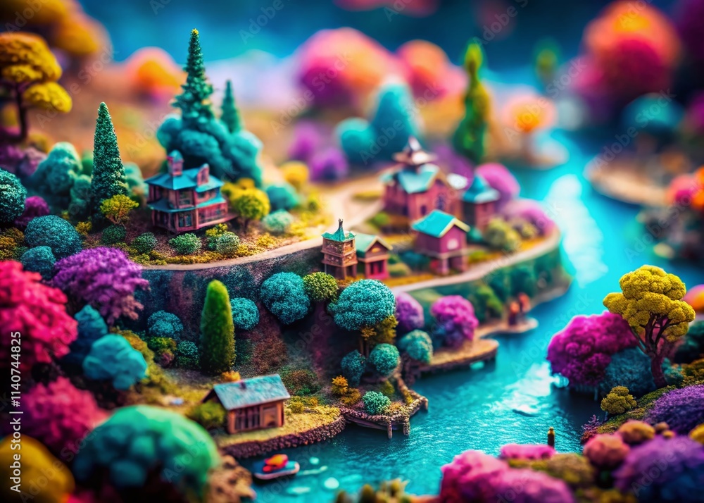 Fototapeta premium Teal Purple Tilt-Shift Miniature Landscape Photography, Whimsical Fantasy Scene, Miniature World, Diorama, Fairy Tale