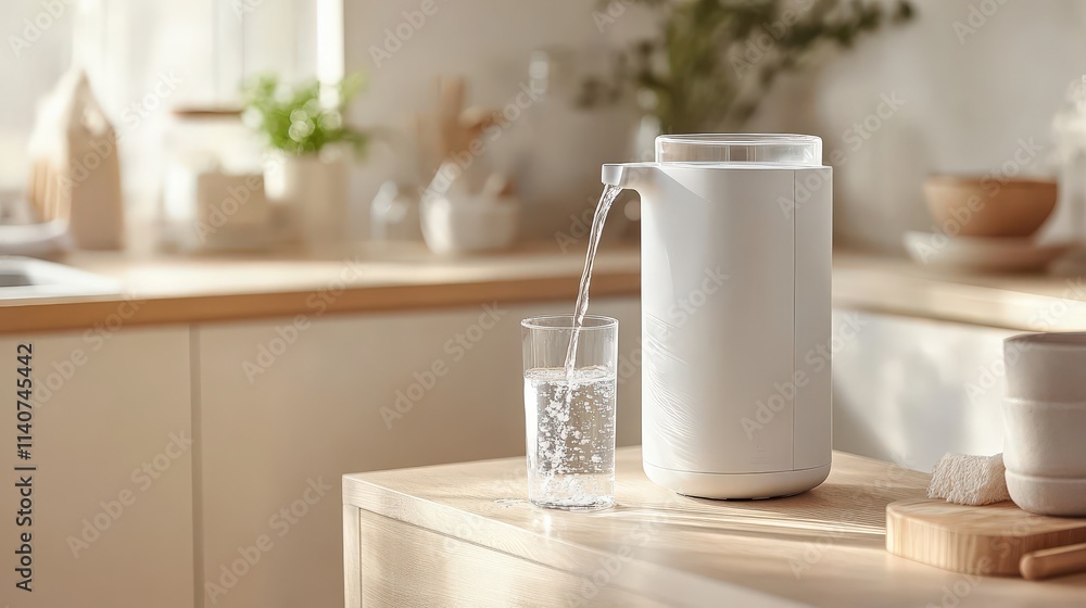 healthy water filtration pitcher in a bright kitchen, with clean water being poured from it into a glass healthy water filtration pitcher in a bright kitchen, with clean water being poured from it into a glass
