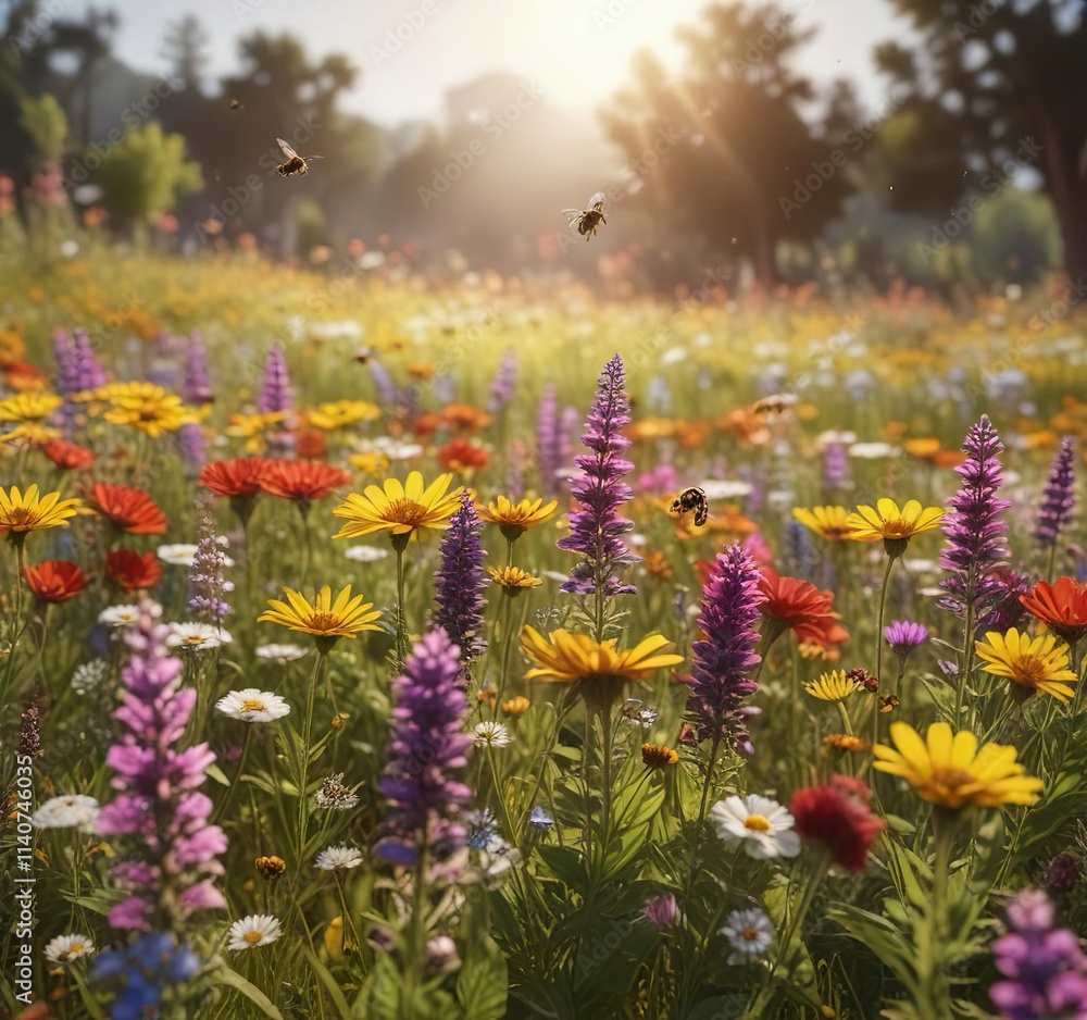 Obraz premium Colorful flowers sway gently in the breeze amidst a sunlit meadow with buzzing bees, garden scene, outdoor scene, flowers