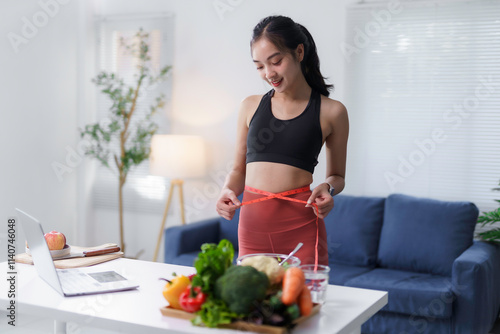 Fit young asian woman measuring waistline with a tape measure, surrounded by fresh vegetables and a laptop in the kitchen photo