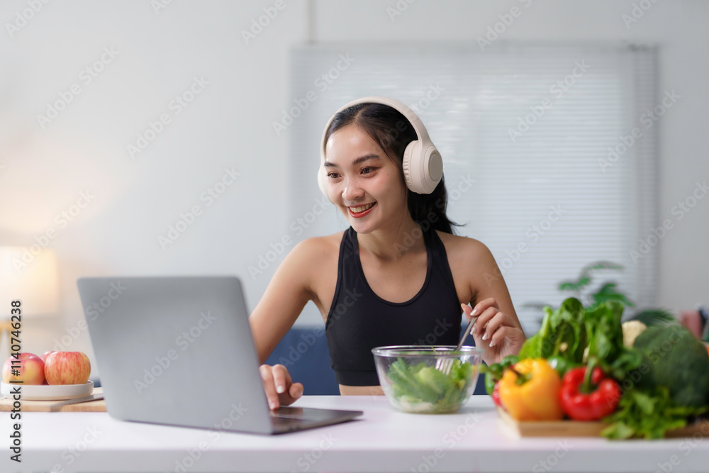 Happy asian woman eating healthy vegetable salad and using laptop at home, working or studying online and listening to music with headphones Happy asian woman eating healthy vegetable salad and using laptop at home, working or studying online and listening to music with headphones