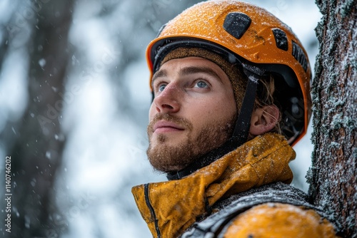 Back view of an arborist in full safety gear, standing confidently on a white background, photo