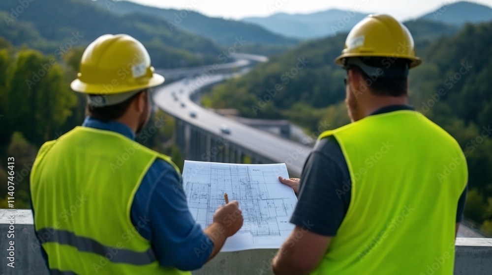 Two engineers reviewing blueprints, overlooking a highway construction site. Two engineers reviewing blueprints, overlooking a highway construction site.